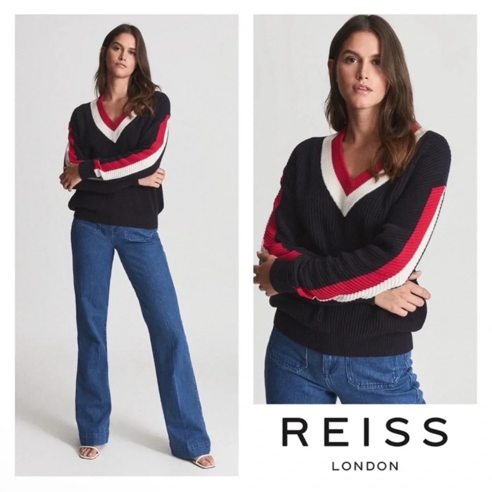 New! REISS London Striped Color Block Wool Blend Sweater - Picture 1 of 12